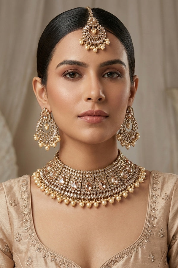 Gold Heavy Look Polki Choker With Large Earrings And Tikka
