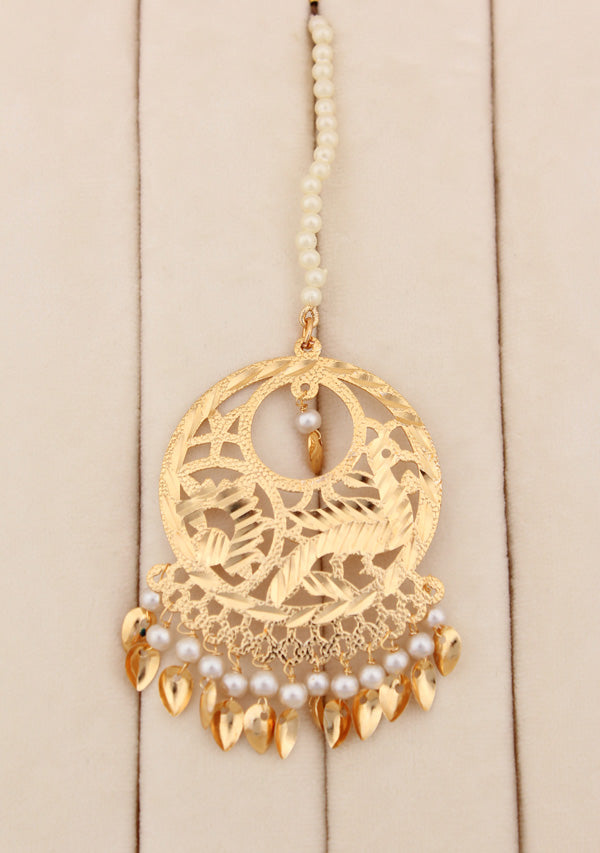 Gold Plated Jadau Necklace Set In Triple Layers With Large Earrings And Tikka (PJNS002)