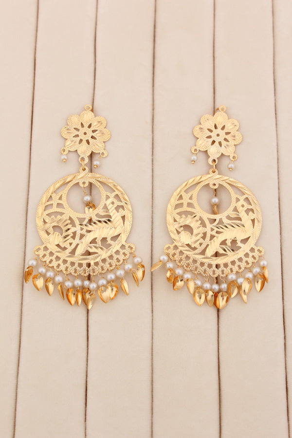 Gold Plated Jadau Necklace Set In Triple Layers With Large Earrings And Tikka (PJNS002)