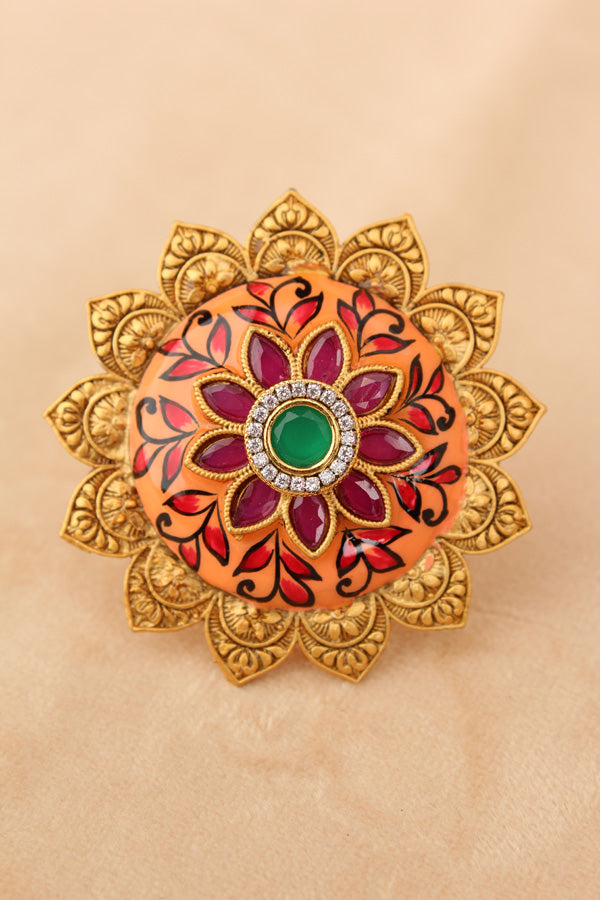 Gold plated Meenakari Fashionable Sunflower Ring With Center Stone in Green (RF008-G)