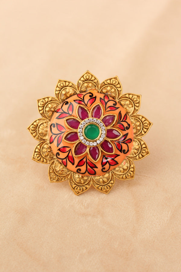 Gold plated Meenakari Fashionable Sunflower Ring With Center Stone in Green (RF008-G)