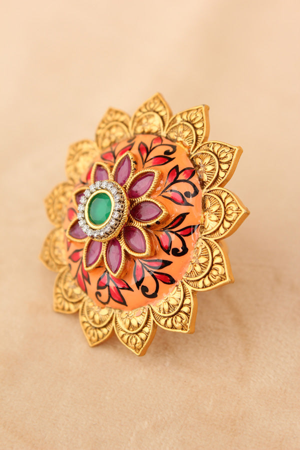 Gold plated Meenakari Fashionable Sunflower Ring With Center Stone in Green (RF008-G)