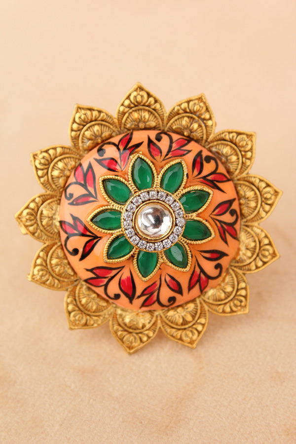 Gold plated Meenakari Fashionable Sunflower Ring With Center Stone in Peach (RF008-PE)
