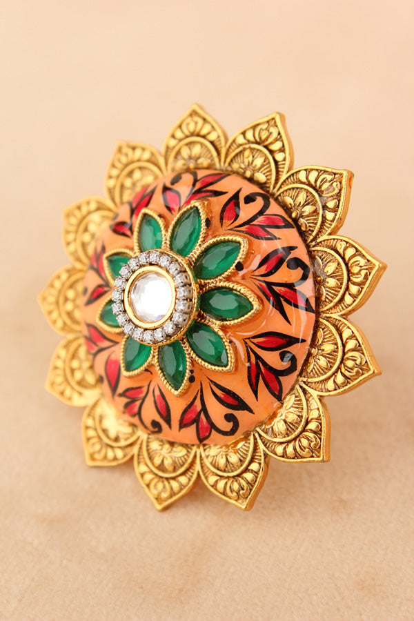 Gold plated Meenakari Fashionable Sunflower Ring With Center Stone in Peach (RF008-PE)