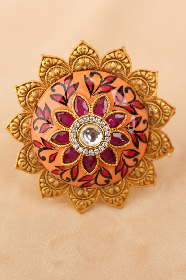 Gold plated Meenakari Fashionable Sunflower Ring With Center Stone in White (RF008-W)