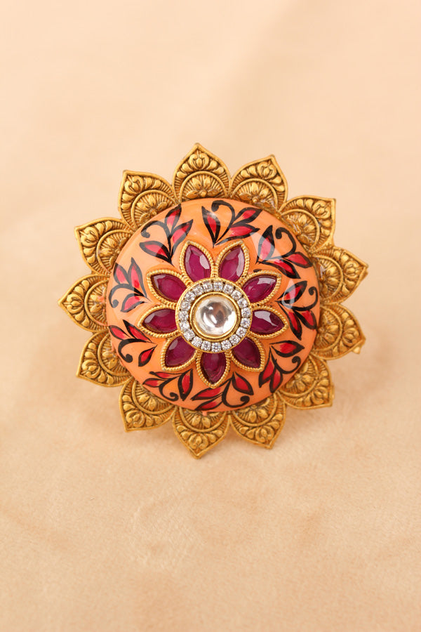 Gold plated Meenakari Fashionable Sunflower Ring With Center Stone in White (RF008-W)