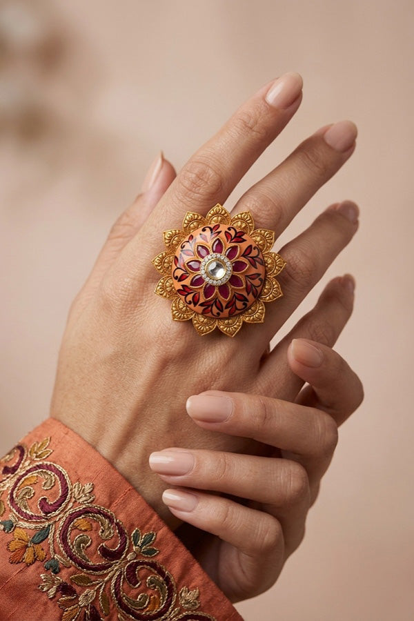 Gold plated Meenakari Fashionable Sunflower Ring With Center Stone in White (RF008-W)