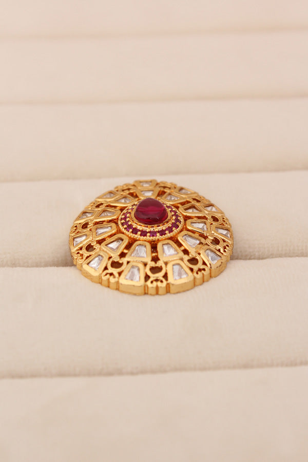 Gold plated Premium Quality Kundan Ring With Small Ruby Colour Stones And A Large Center Stone (KR012)