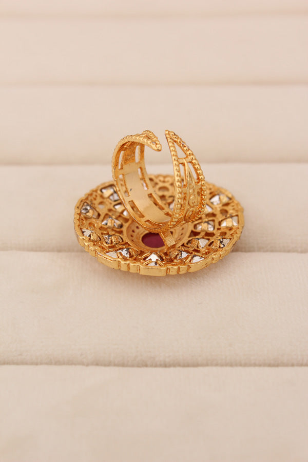 Gold plated Premium Quality Kundan Ring With Small Ruby Colour Stones And A Large Center Stone (KR012)