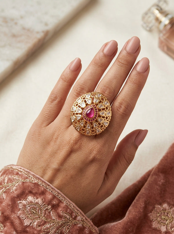 Gold plated Premium Quality Kundan Ring With Small Ruby Colour Stones And A Large Center Stone (KR012)