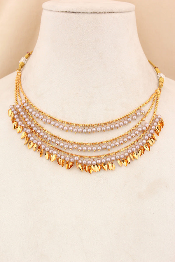 Gold Plated Triple Layer Punjabi Jadau With Grey Colour Pearls With Earrings And Tikka (PJNS009)
