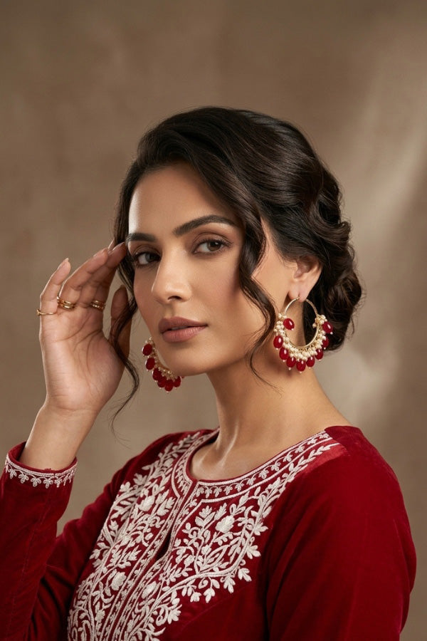 Gold Polish Balia With Red Pearls And White Beads Attached (BA002-R-B1)