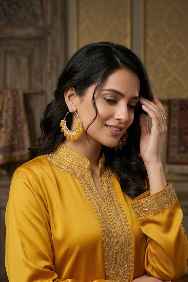 Gold Polish Balia With Yellow Pearls And White Beads Attached (BA002-Y-B1)
