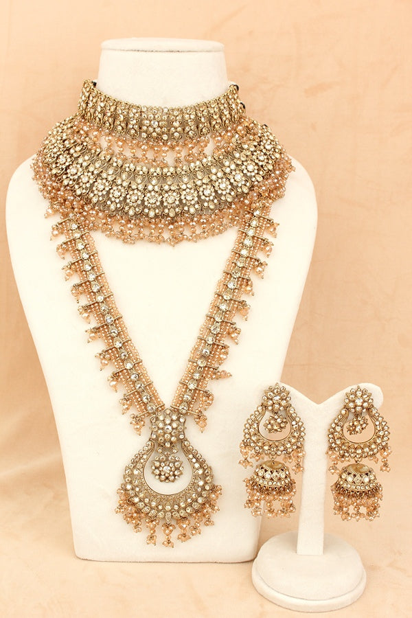 Gold Polish Bridal Necklace Set With Tiny Crystal Beads (BS006-Golden)