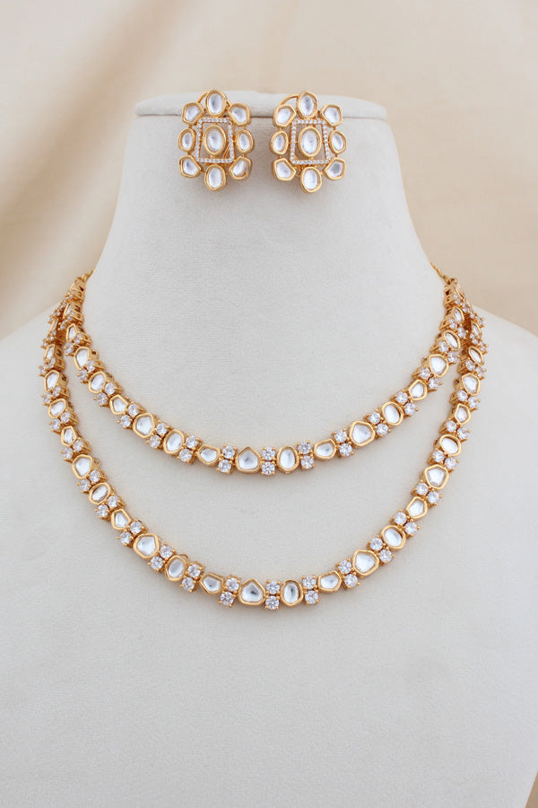 Gold Polish Kundan Necklace Set In Double Layer And Small Studs (NK024G-Kundan)