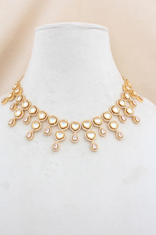 Gold Polish Kundan Necklace Set With American Diamonds And Long Earrings (NK023G-Kundan)