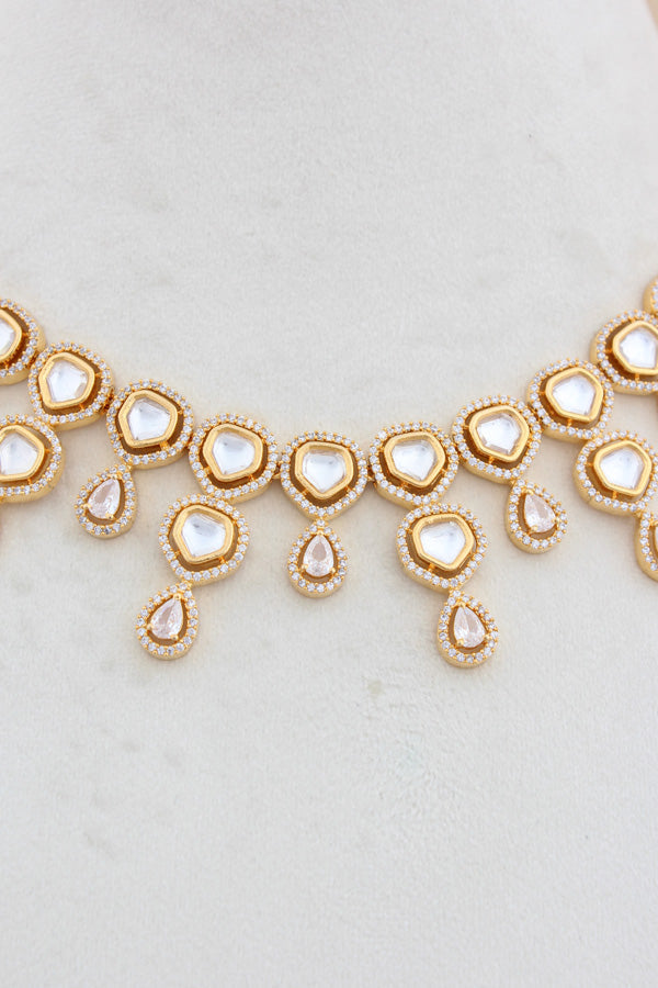 Gold Polish Kundan Necklace Set With American Diamonds And Long Earrings (NK023G-Kundan)