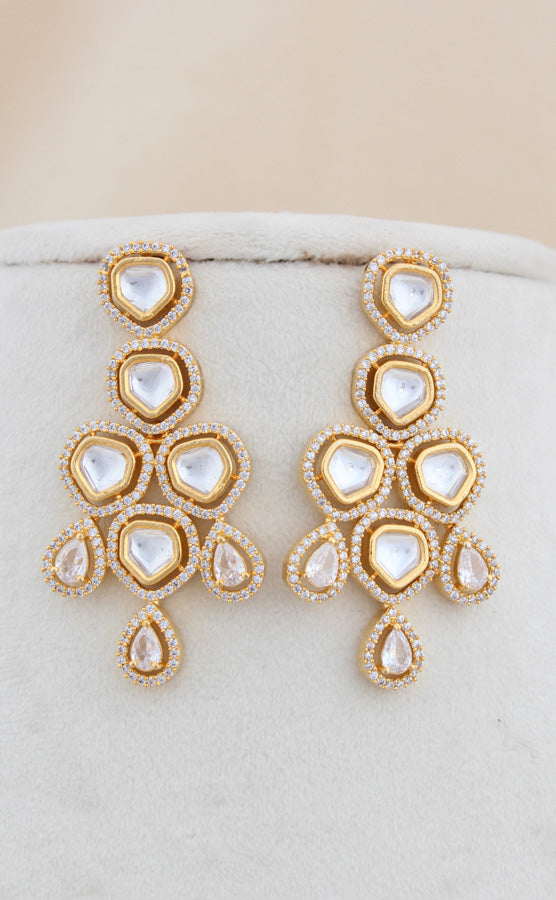 Gold Polish Kundan Necklace Set With American Diamonds And Long Earrings (NK023G-Kundan)