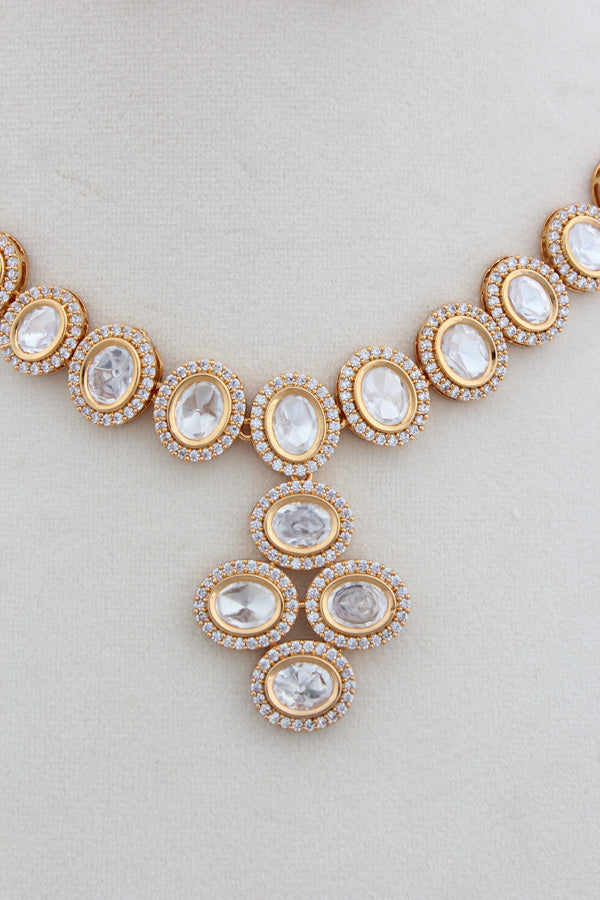 Gold Polish Kundan Necklace Set With American Diamonds And Matching Earrings(NK013G-Kundan)