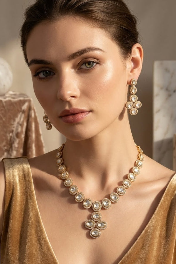 Gold Polish Kundan Necklace Set With American Diamonds And Matching Earrings(NK013G-Kundan)