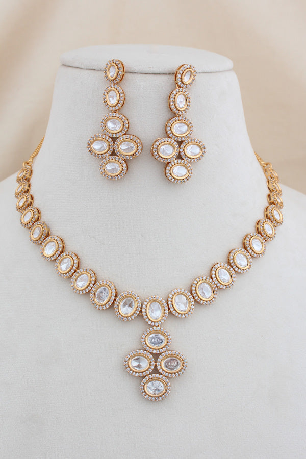 Gold Polish Kundan Necklace Set With American Diamonds And Matching Earrings(NK013G-Kundan)