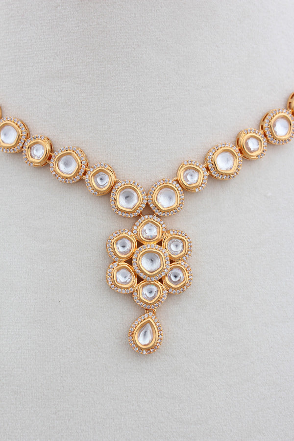 Gold Polish Kundan NecklaceSet With Centre Pendant And Long Earrings(NK015G-Kundan)