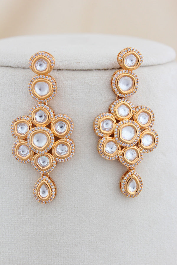 Gold Polish Kundan NecklaceSet With Centre Pendant And Long Earrings(NK015G-Kundan)