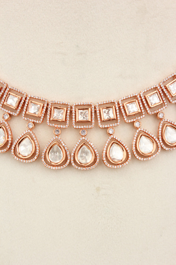 Rosegold Polish Kundan Necklace Set With Matching Earrings(NK014RG-Kundan)