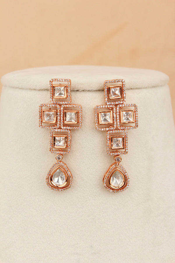 Rosegold Polish Kundan Necklace Set With Matching Earrings(NK014RG-Kundan)