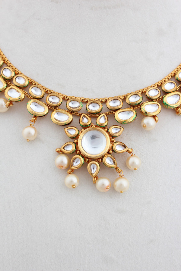 Gold Polish Kundan Necklace Set With White Pearls Attached And Matching Earrings(NK021-Kundan)