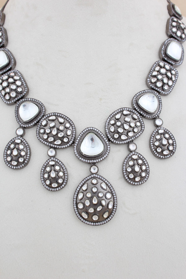 Black Polish Kundan Necklace With Large Pendants Attached And Long Earrings(NK022-Kundan)