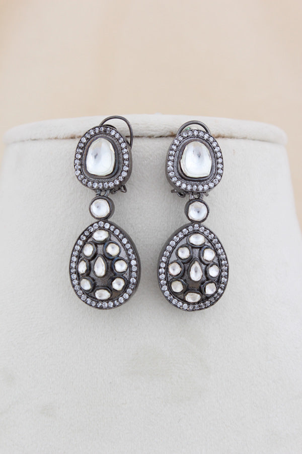 Black Polish Kundan Necklace With Large Pendants Attached And Long Earrings(NK022-Kundan)