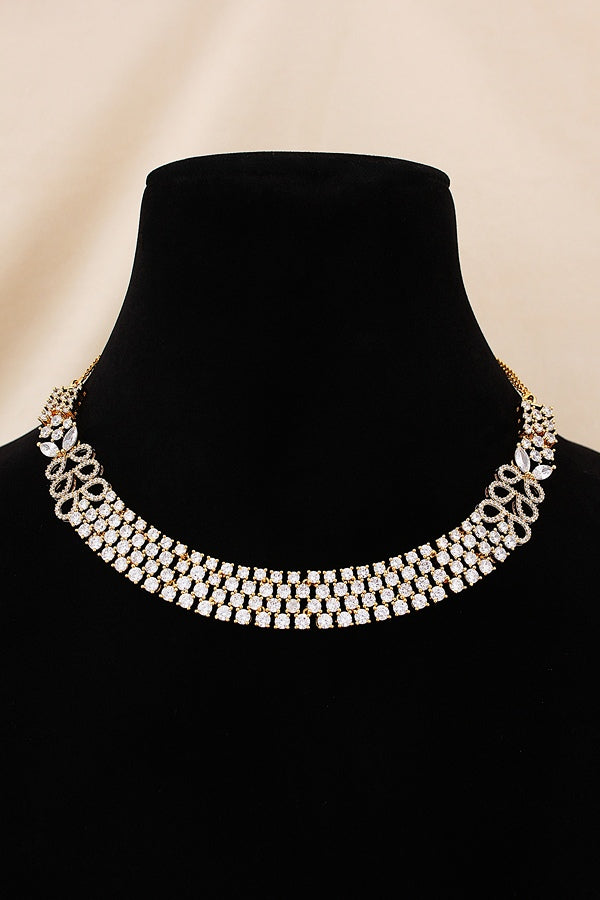 Necklace Set in American Diamonds With Center Pendant And Peach Colour Stones (NS002-AD-PE)