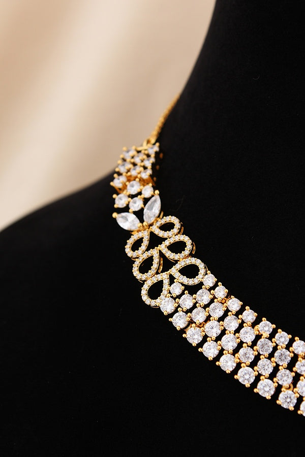 Necklace Set in American Diamonds With Center Pendant And Peach Colour Stones (NS002-AD-PE)