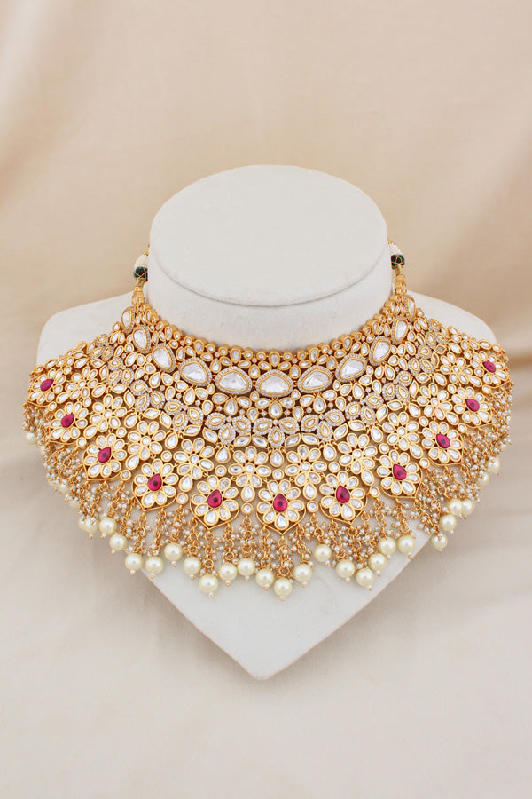 Gold Polish Premium Quality Kundan Set With Large Earrings And Tikka With Red Color Stones(NK006-K)