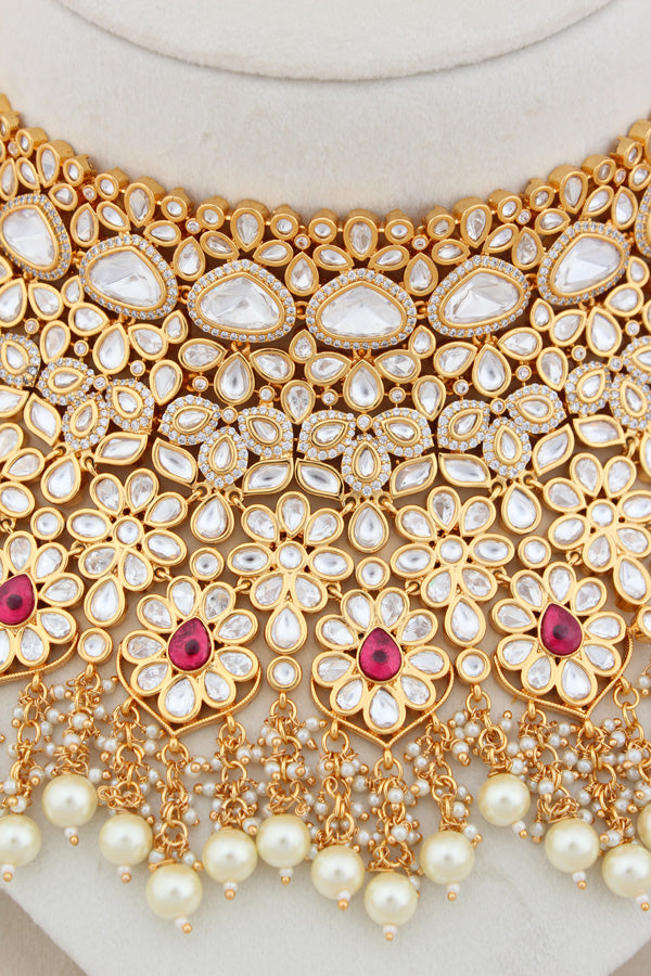 Gold Polish Premium Quality Kundan Set With Large Earrings And Tikka With Red Color Stones(NK006-K)