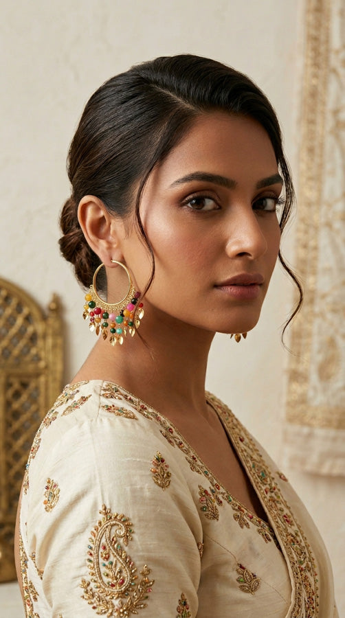 Gold Polish Punjabi Balia With White Beads And Multi Colour Pearls (PJBA001-MU)