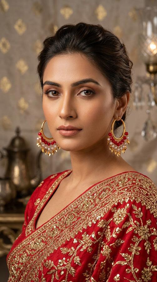Gold Polish Punjabi Balia With White Beads And Red Colour Pearls (PJBA001-R)