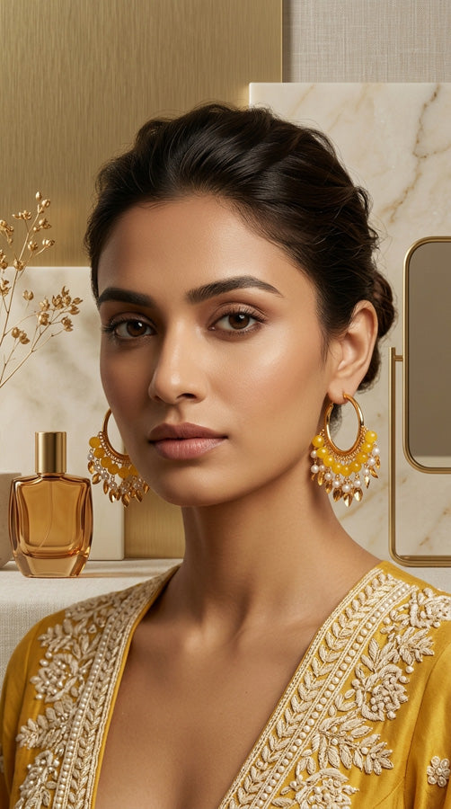 Gold Polish Punjabi Balia With White Beads And Yellow Colour Pearls (PJBA001-Y)