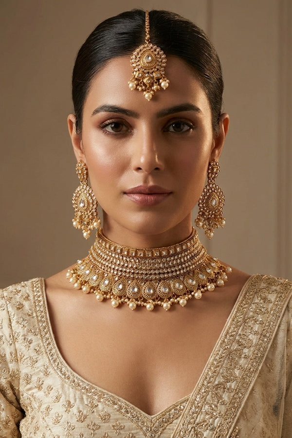 Golden Gold Look Polki Choker Set With Large Earrings And Tikka