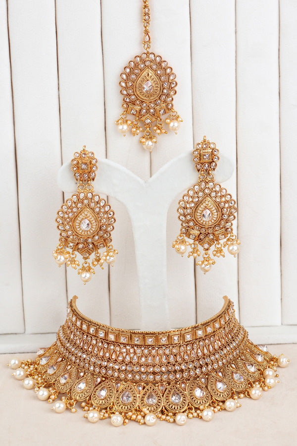 Golden Gold Look Polki Choker Set With Large Earrings And Tikka (CS005-Polki-B2)