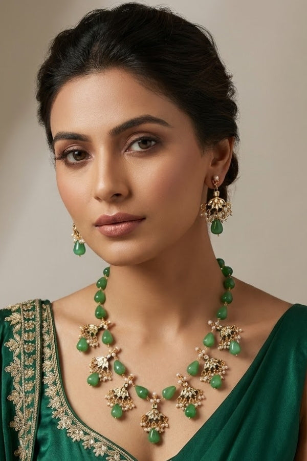 Green Colour Cat Eye Pearls With A Shiny Finish And Kundan Look Pendants Attached (MA007-G)