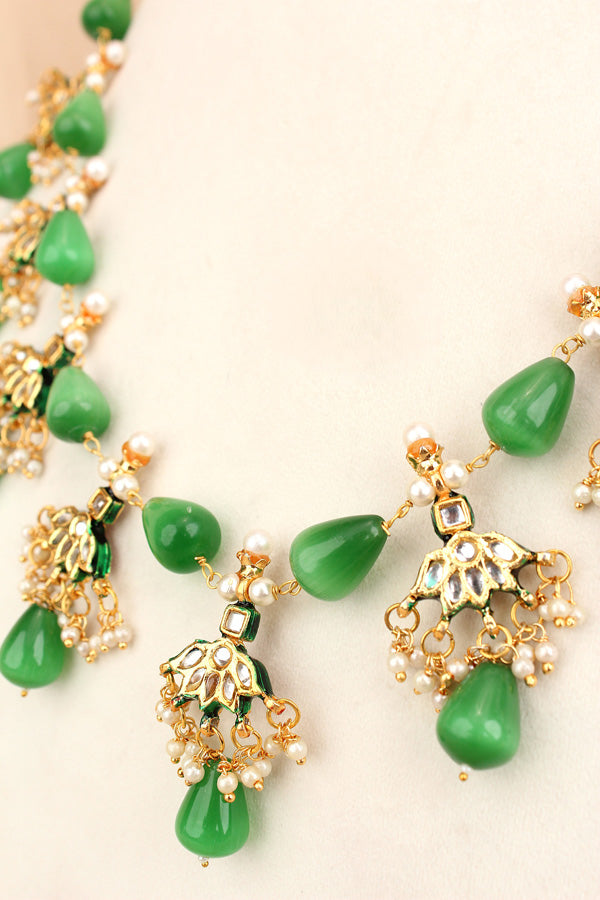 Green Colour Cat Eye Pearls With A Shiny Finish And Kundan Look Pendants Attached (MA007-G)