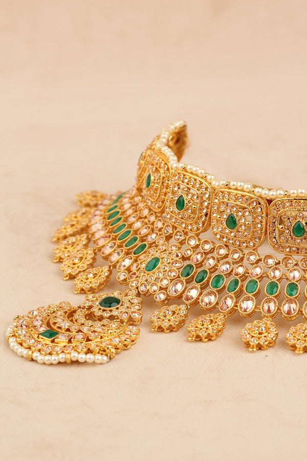 Green Gold Polish Polki Choker With Earrings And Tikka (CS008-Polki-B2)