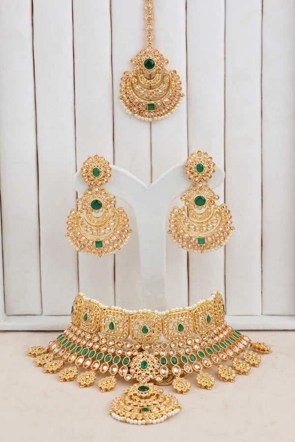 Green Gold Polish Polki Choker With Earrings And Tikka (CS008-Polki-B2)