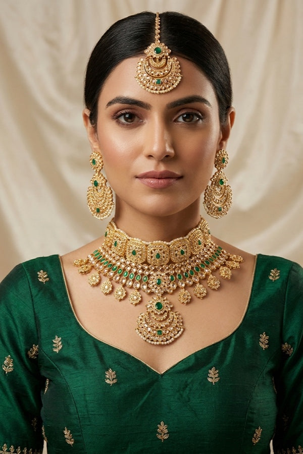 Green Gold Polish Polki Choker With Earrings And Tikka