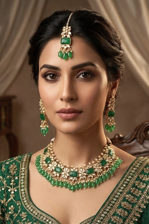 Green Kundan Necklace Set With Matching Earrings And Tikka (IGNK011)