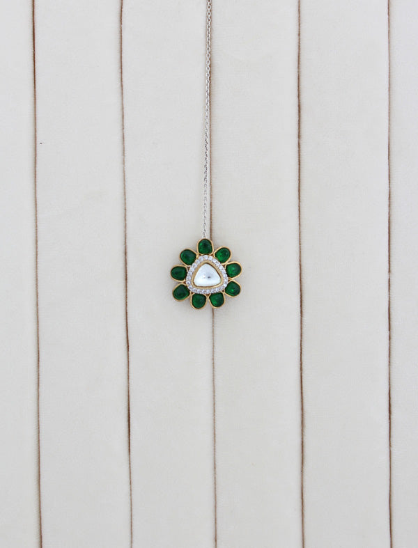 Green Kundan Necklace With Pendant Also Matching Tikka And Earrings(IGNK009)