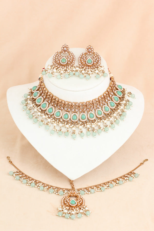 Aqua Green Mehndi Polish Choker With Large Earrings And Matha Patti (CS001G-Polki-B1)