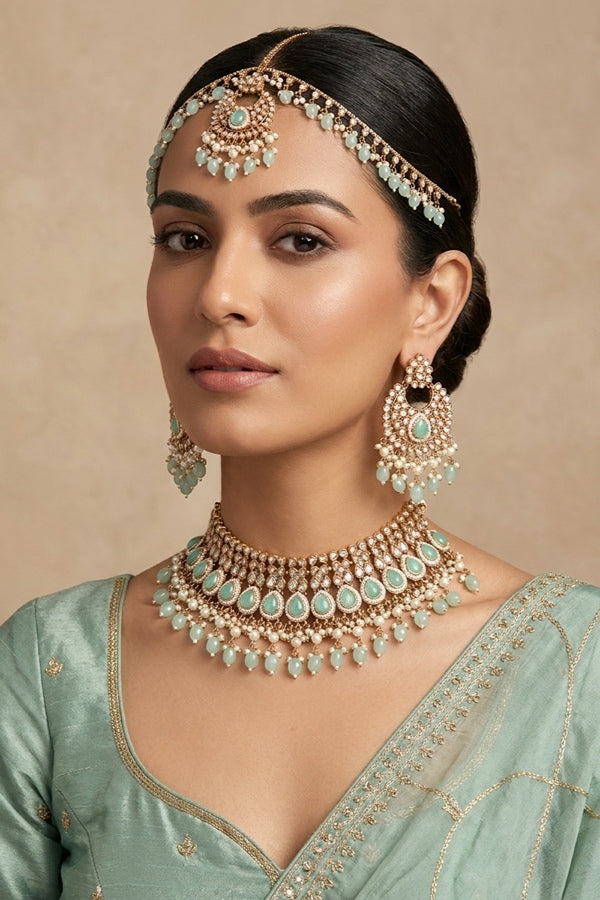 Aqua Green Mehndi Polish Choker With Large Earrings And Matha Patti